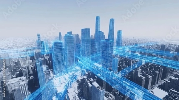 Fototapeta Digital city model, aerial view, city network, background, illustration, stock photo