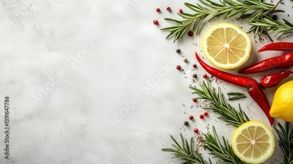 Fototapeta Fresh herbs, spices, and citrus fruits on a textured surface, ideal for a food blog or recipe