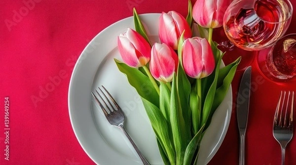 Fototapeta Romantic dinner table setting with tulips and wine