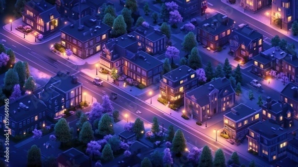 Fototapeta Nighttime city isometric view of residential neighborhood with trees, cars, and lights. Possible use Stock photo for real estate, architecture, design