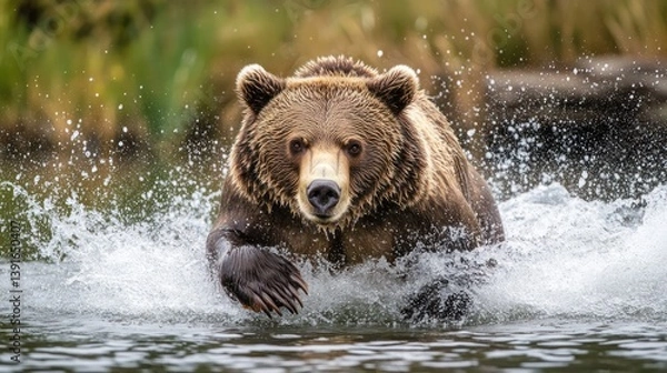 Fototapeta Grizzly bear running through water, splashing. Possible use Wildlife photography