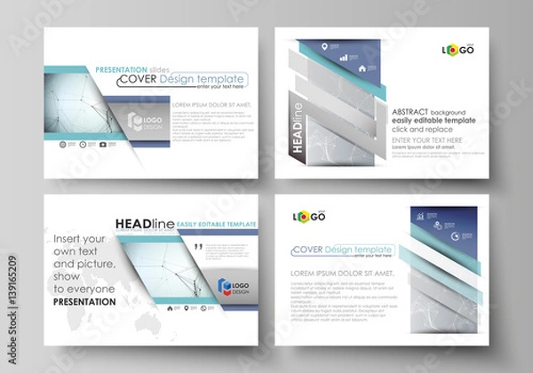 Obraz Set of business templates for presentation slides. Abstract vector layouts in flat design. Chemistry pattern, connecting lines and dots, molecule structure, scientific medical DNA research.