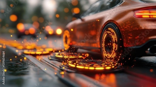 Fototapeta AI-controlled cyber city filled with glowing bridges and floating roads