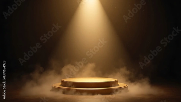 Obraz Illuminated Circular Podium with Golden Light and Mist

