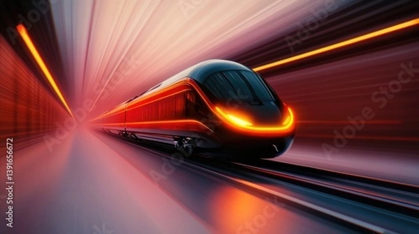 Fototapeta AI-controlled neon train speeding through a futuristic cyber landscape