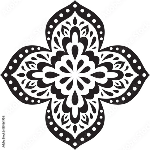 Obraz Artistic hand drawn ethnic vector print. Symmetric Moroccan decorative element for printing on T-Shirt, mug or other souvenir. Boho style decoration. Black silhouette pattern on white background.