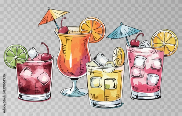 Fototapeta Watercolor set of refreshing summer cocktails PNG. Each drink is served with ice cubes, fruit slices, and adorned with a cocktail umbrella and straw. Cocktails on isolated transparent background.