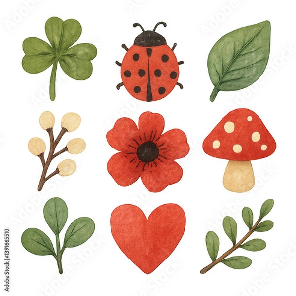 Fototapeta Charming watercolor illustrations of nature elements including a ladybug, clover, mushroom, leaves, flowers, and heart symbol PNG