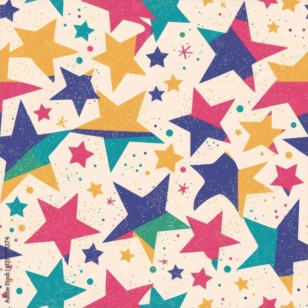 Fototapeta Colorful Starry Pattern Design on Cream Background with Pink Blue and Yellow Stars for Decorative Abstract Presentation