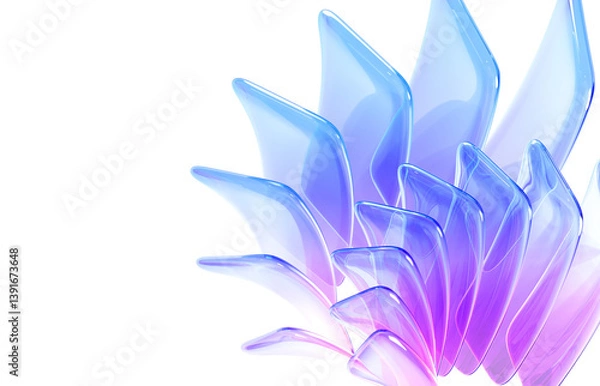 Fototapeta 3d abstract geometric background with translucent rainbow glass in shape flower. Iridescent crystal rectangle curved wavy plates with blue and pink gradient texture, light refraction