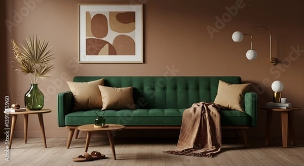Fototapeta A serene living room, enveloped in earthy tones, features a plush emerald green sofa inviting relaxation and tranquility, accented by warm lighting and natural textures.