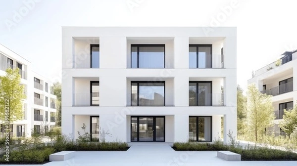 Fototapeta Modern white apartment building with recessed windows and a courtyard