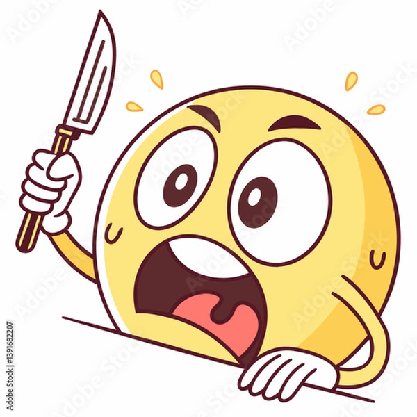 Obraz Funny vector illustration of a hungry emoticon holding a knife and fork, perfect for food-related designs, emojis, stickers, and digital art projects.