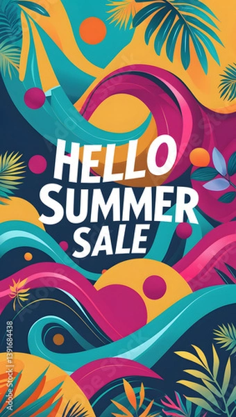 Fototapeta "Basic RGBHello summer sale offer banner promotion with wave curve shape with Memphis abstract style and leaves illustration" A colorful, abstract summer sale banner designed with the Memphis style. 