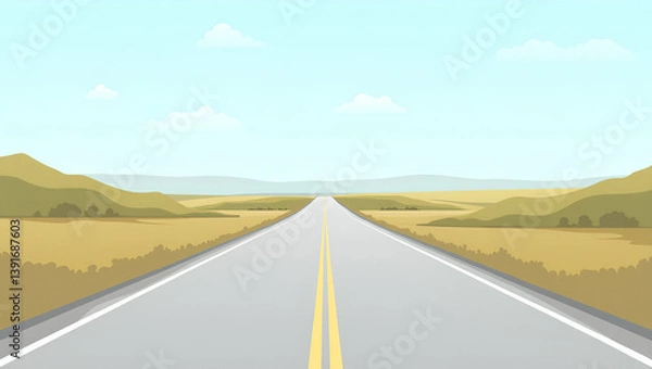 Fototapeta Explore Scenic Highways: Flat Illustrations of Road Trips with Clear Skies and Engaging Itineraries for Wanderlust Enthusiasts - Modern Travel Adventures Await!