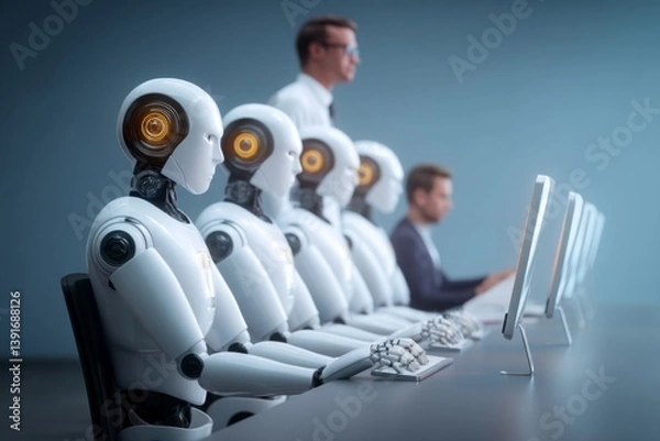 Fototapeta A manager is standing behind a row of AI robot workers sitting in front of their computer, supervising them in doing their work 