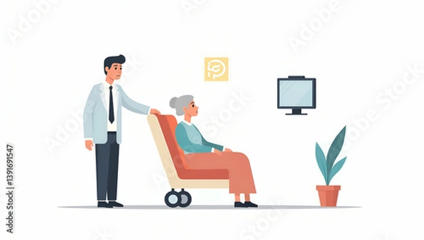 Fototapeta AI-Powered Caregiving Solutions: High-Resolution Stock Image of Intelligent Monitoring Devices Enhancing Elderly Care with Automated Support Systems in a Cute Vector Style