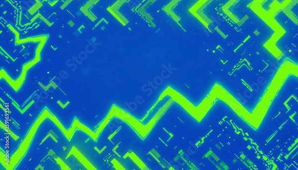 Fototapeta Electric blue background with neon green zigzag patterns and sharp-edged geometric shapes — energetic and modern