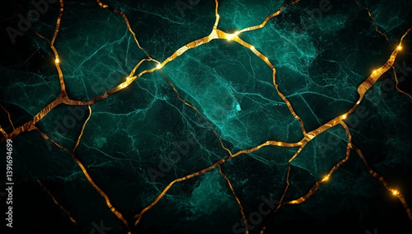 Fototapeta stunning abstract teal green marble texture featuring intricate golden veins that create striking contrast, evoking sense of elegance and luxury