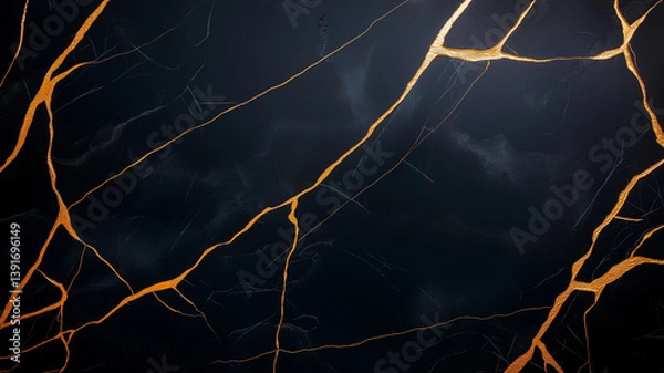 Fototapeta stunning black marble texture featuring striking golden cracks, creating luxurious and elegant appearance. This design is perfect for backgrounds and decorative elements