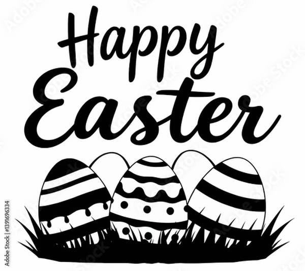 Fototapeta Happy Easter message, text with decorated Easter Eggs on a patch of grass
