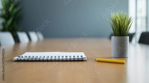 Fototapeta Clean Workspace with Notepad, Pencil, and Potted Plant on Wooden Table