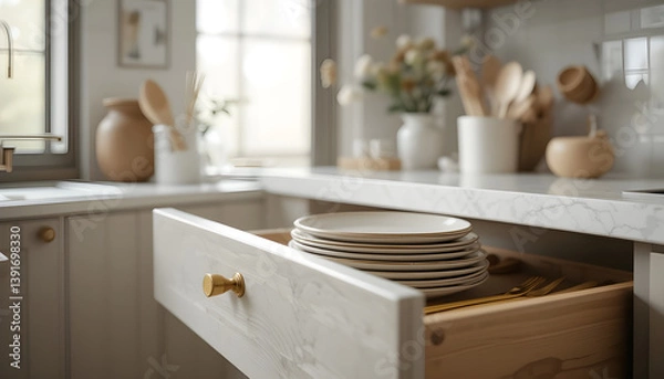 Fototapeta Plates and Silverware Stored in Open Kitchen Drawer Cabinet