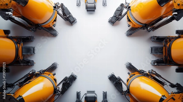 Fototapeta Orange Robots Encircling: Eight vibrant orange robots form a captivating circle, their sleek, futuristic designs creating a visually stunning and symmetrical composition.