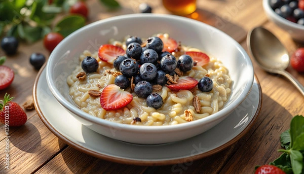 Fototapeta Oatmeal with fresh blueberries and strawberries on wooden table