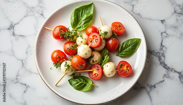 Fototapeta Caprese skewers with cherry tomatoes and mozzarella on marble background
