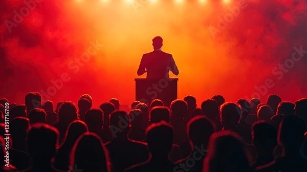 Fototapeta A leader standing on a podium addressing an inspired audience