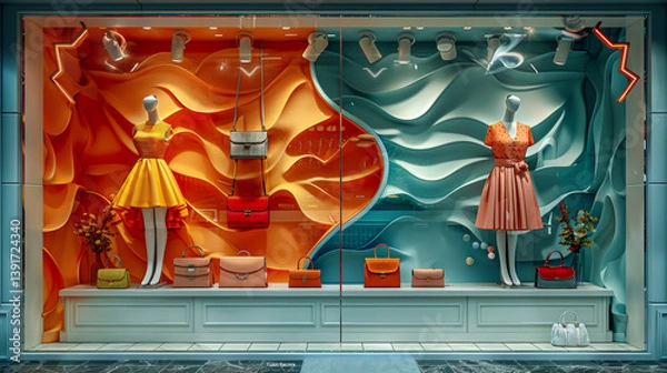 Fototapeta Colorful shop window with mannequins dressed in elegant dresses and holding various handbags on a bright wavy background in orange and turquoise tones