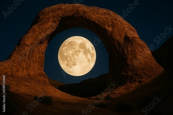Obraz Full Moon Aligned Within Natural Rock Arch at Night – Surreal Landscape Photography with Dramatic Lighting and Clear Sky, Capturing Celestial Harmony and Majestic Desert Formations Under Moonlight