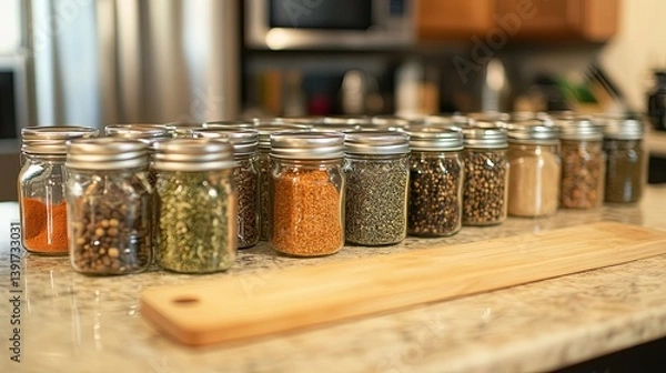 Obraz A clean kitchen counter with jars of spices and a cutting board pic