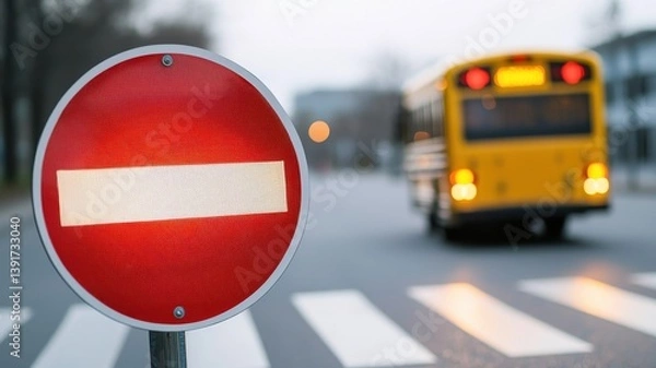 Obraz Urban traffic law image featuring a speeding violation near a school bus in an urban setting.