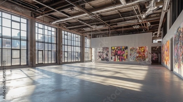 Obraz An abandoned warehouse with graffiti-covered walls, natural light streaming through broken windows pic