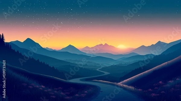 Obraz A scenic mountain landscape at sunrise with a winding path leading into the distance and room for text in the sky pic
