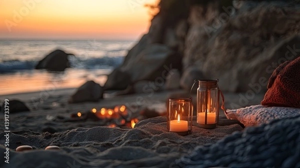 Obraz A relaxing Summer solstice celebration with candles, lanterns, and a bonfire by the beach pic