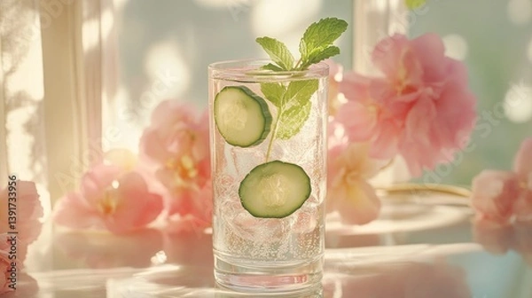 Obraz A chilled glass of sparkling water with cucumber slices and a sprig of mint, set on a table with soft pastel flowers in the background. pic