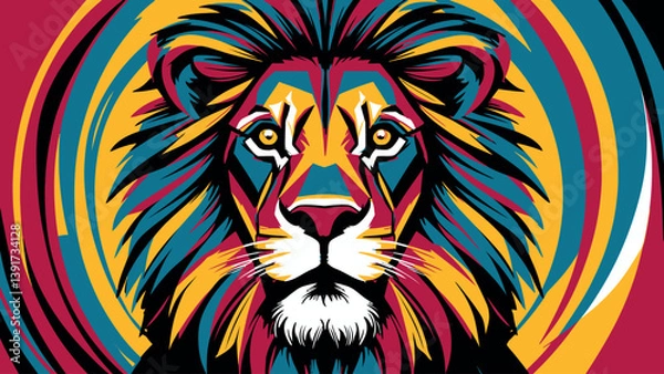 Fototapeta Colorful Illustrated Lion Artwork with Vibrant Abstract Patterns  