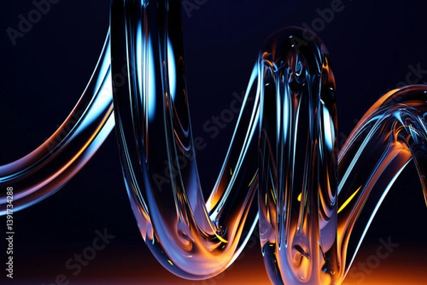 Fototapeta 3d abstract liquid glass holographic transparent wave line on dark blue background. Chromatic spiral swirl, rainbow fluid flow with neon light gradient. Futuristic digital tech render. 3D illustration