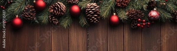 Fototapeta Festive decor with ornaments and pine cones on a rustic wooden surface