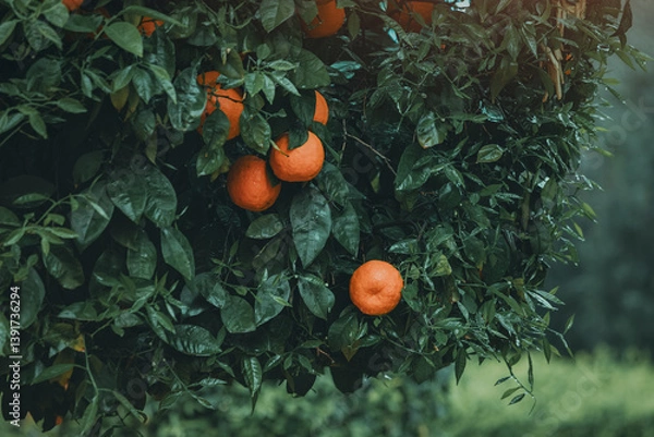 Fototapeta Close up of ripe oranges growing on a tree branch with wet leaves, creating a vibrant and refreshing scene in an orchard