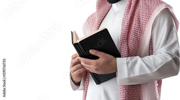 Obraz Muslim Teacher is Wearing White Saudi Dress and Red Shemagh, Standing and Holding a Black Book, Isolated on White Background : Suitable for Be Used in Content Related to Islamic and Education Theme.