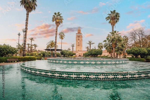 Fototapeta The majestic Koutoubia Mosque rises above a serene fountain in Marrakech, Morocco, bathed in the warm glow of the setting sun