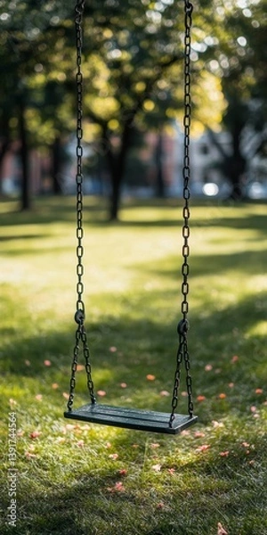 Fototapeta Empty Swing Hangs From A Tree In A Lush, Green Park, Swaying Gently In The Light Breeze