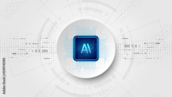 Fototapeta AI chip in circular shape on white background Vector illustration. Artificial intelligence Digital technology concept design in a futuristic style. Microprocessor logo with circuit board.