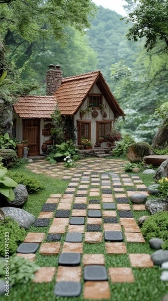 Fototapeta Charming little house nestled in a lush garden with a winding pathway