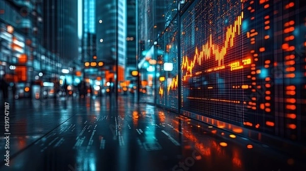 Fototapeta A bustling stock market floor with a glowing chart showing upward trends