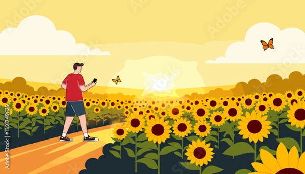 Obraz Person enjoying a sunset walk through a sunflower field  